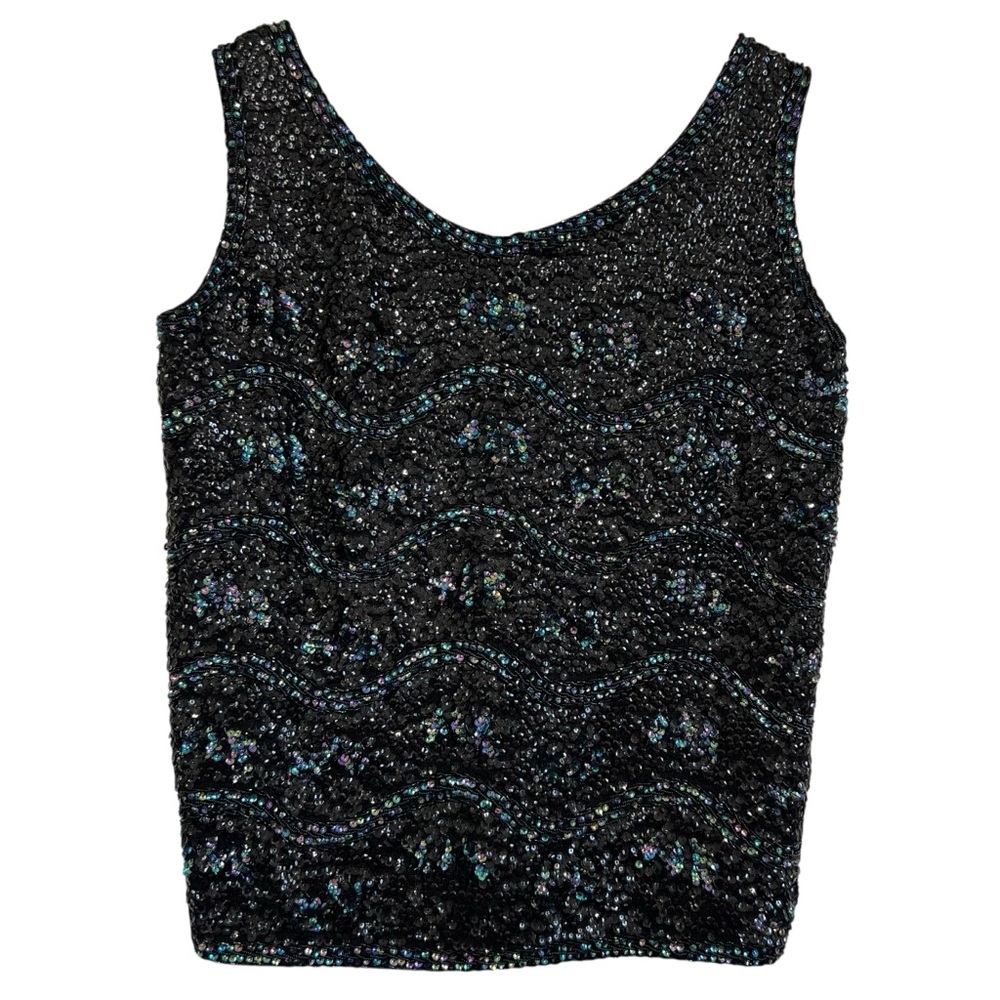 Vtg Cardell 100% Wool Black Beaded Sequined Blouse Scoop Neck Sleeveless Large